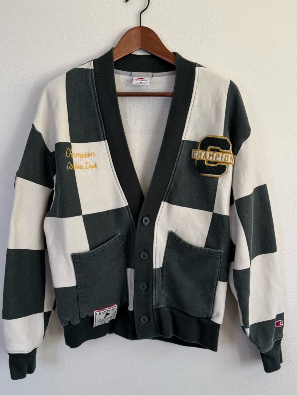 Champion Varsity Check Cardigan Green Cream Medium Retro Collegiate Sweater